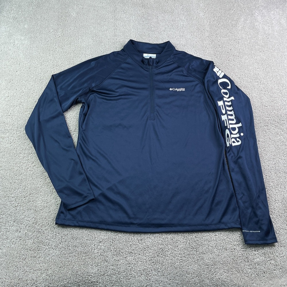 Columbia PFG Top Womens Large Navy Blue Omni Shade Quarter Zip Pullover Fishing